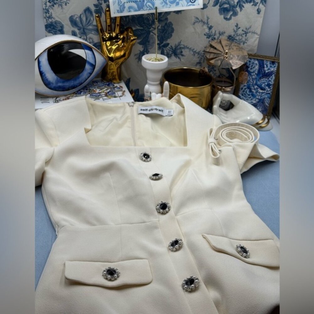 🆕 SELF-PORTRAIT 🧿 BNWOT Cream Ecru Crepe Buttoned Midi Dress, Sz UK 6/ US 2 - Picture 10 of 14